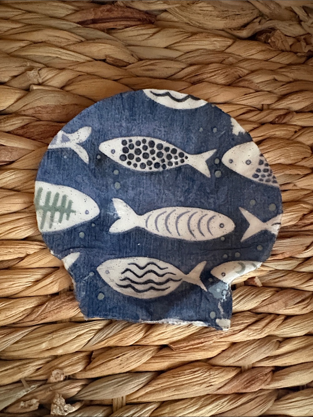 Hand Crafted Blue and White Fish Shell Trinket dish